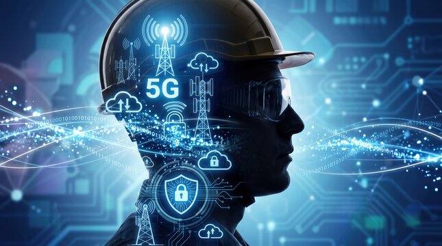 Engineer worker wearing hard hat with 5G network technology overlay. Telecommunication towers, cloud computing and digital security icons representing smart industry and connected