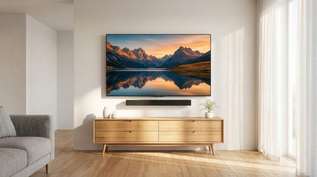 Smart TV connected to sound bar in a modern living room with a stylish wooden TV stand and minimalist interior.