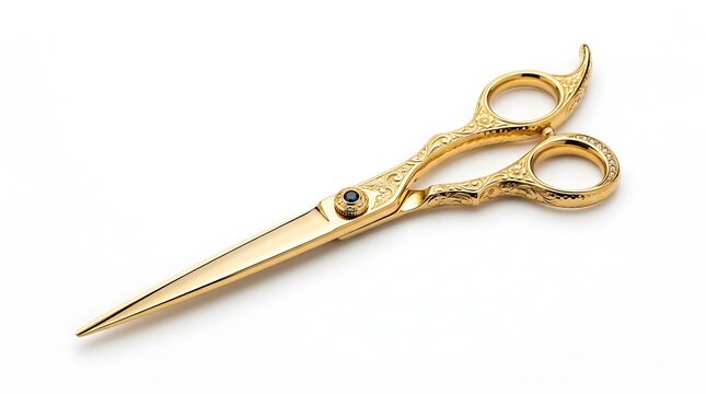 Professional gold hairdressing scissors isolated on white background.