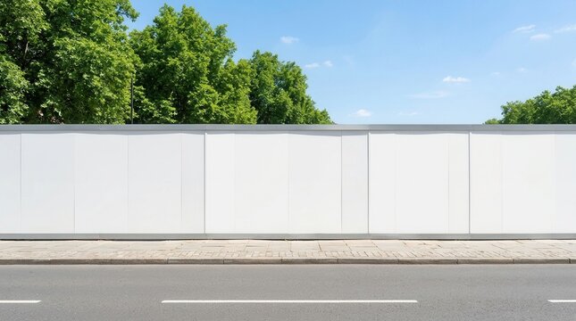 Empty white hoarding stands on city street with green trees behind blank billboard.