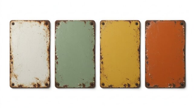 Four empty vintage tin signs with rust and age arranged side by side on a white background.