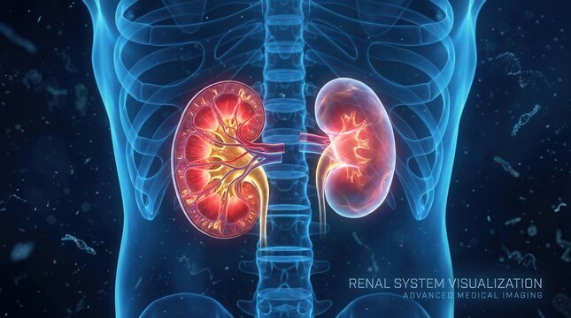 Digital art of a human kidney cross-section with red and yellow glowing internal structures