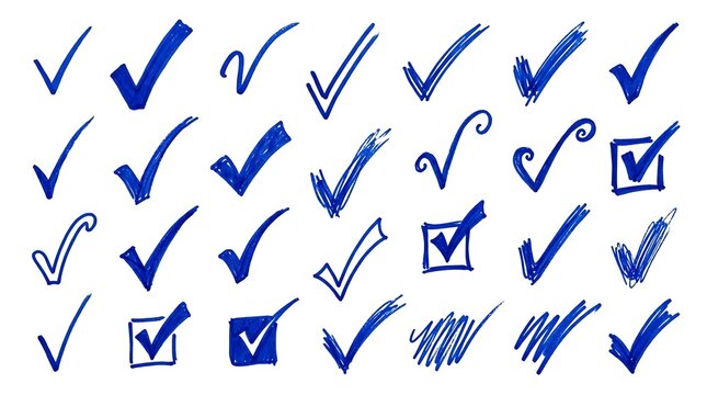 Set of Hand Drawn Blue Ink Check Mark Icons.