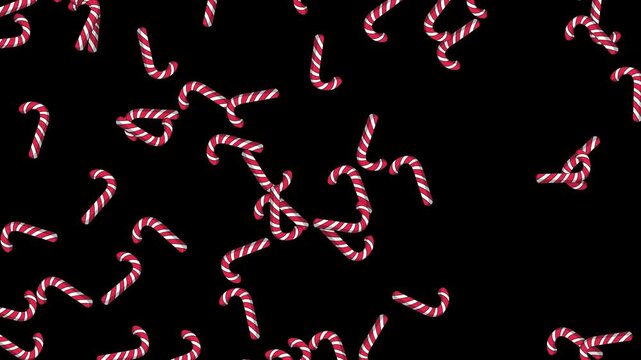 Falling Red and White Striped Candy Canes on Black Background
