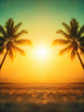 Tropical sunset with palm trees and ocean view, vibrant colors, blurred background.