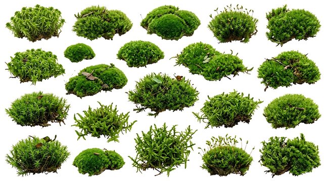 Set of isolated green moss patches on white background.