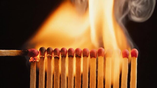 Sequential ignition of match heads creating a fiery chain reaction in extreme macro close up