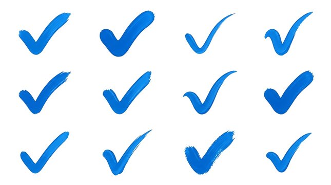 Set of twelve blue checkmark icons hand drawn style.