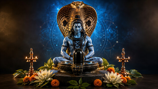 Powerful nag panchami spiritual artwork showing mahadev seated behind shiv lingam beneath giant cobra hood with lotus marigolds and glowing temple lamps