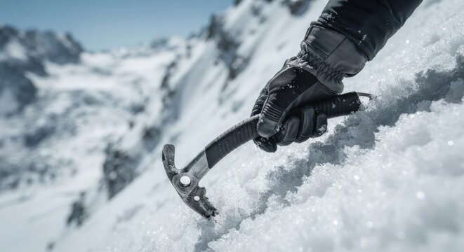Climber hand with ice axe on snowy mountain slope during winter expedition