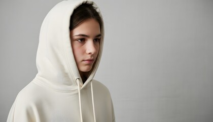 Fototapeta premium Pensive young adolescent girl hiding behind beige hoodie in neutral studio setting for youth mental health, teenage anxiety, social pressure and loneliness concept