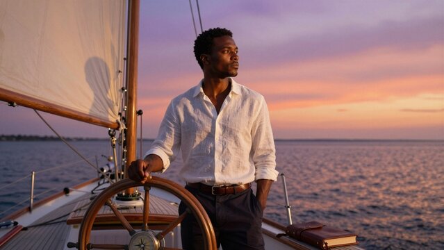 A confident man stands at the helm of a classic cat boat during a vibrant sunset, steering toward distant horizons with calm determination.