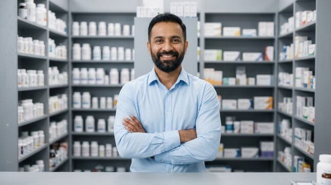 Confident Indian man with arms crossed inside a pharmacy surrounded by medicines and healthcare products.