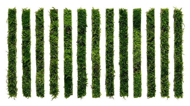 Set of vertical stripes made of lush green grass isolated on white background.