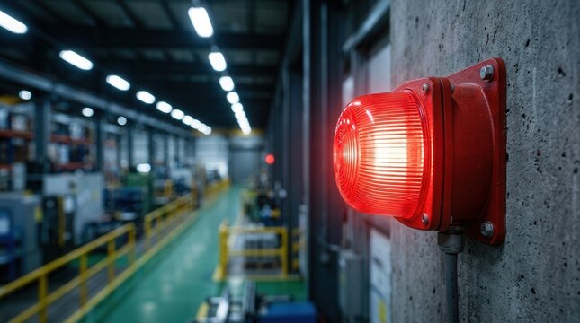 Red alarm siren light glowing on a factory wall for safety warning.
