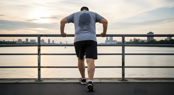Man Engaged in Outdoor Workout Performing Dips by River During Sunset Surrounded by Urban Landscape