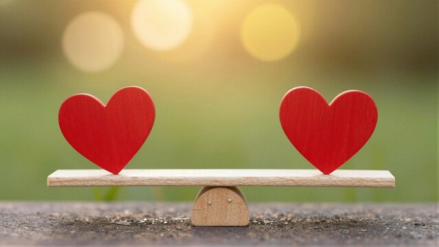 Two identical red hearts rest equally on a miniature wooden balance scale against a soft-focus natural background.