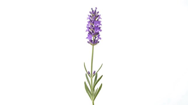 Single stalk of purple lavender flower isolated on white background.