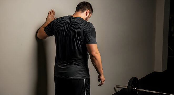 Athlete Performing Stretching Exercise Against Wall in Gym with Focused Posture and Weightlifting Equipment in Background