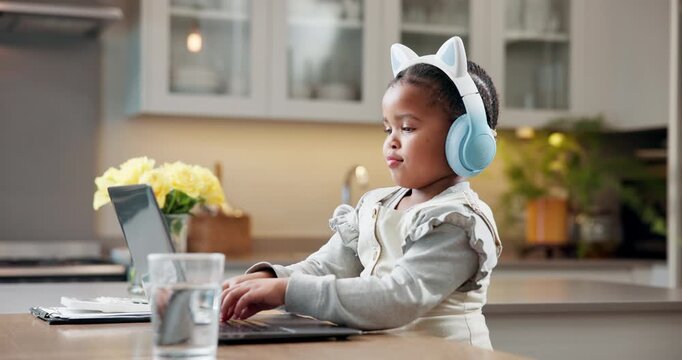 Laptop, headphones and kid typing for elearning, streaming tutorial and knowledge growth in home. African girl, computer and audio for education, music course and online class for development