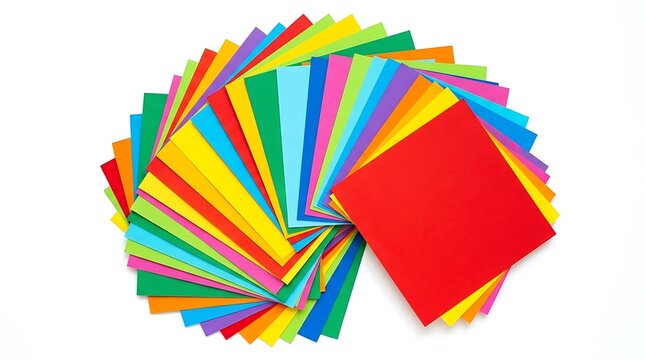 Stack of colorful square origami paper sheets isolated on white background.