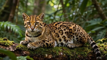 Fototapeta premium A wild ocelot lies calmly on a moss-covered log surrounded by lush green foliage and dappled sunlight filtering through the canopy.