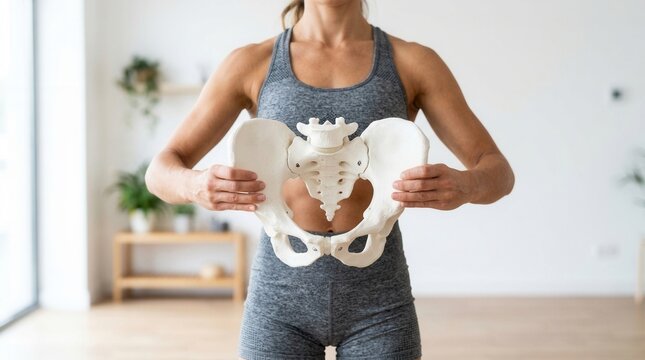 Fit woman holding a pelvis model to show bone structure for female anatomy reproductive health and core body strength.