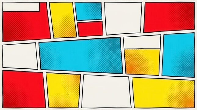 Colorful comic book panels arranged in a grid with blank boxes for text.