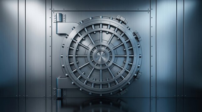 Heavy steel vault door with circular wheel mechanism for a secure bank stronghold.