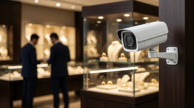 Security camera monitors shop interior and display cases with jewelry for shoplifting prevention.