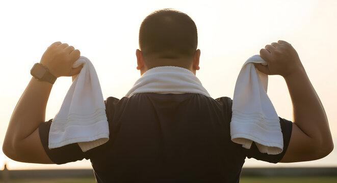 Man Enjoying Outdoor Workout at Sunset Holding Towels in a Natural Scenery with a Positive and Relaxed Atmosphere