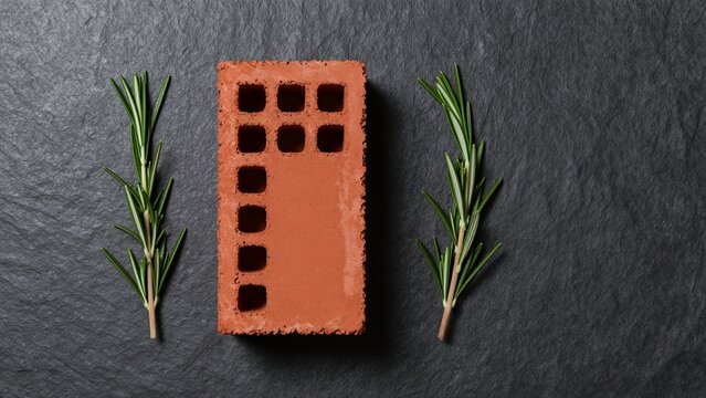 A terracotta brick flanked by fresh rosemary sprigs rests on a dark slate surface, creating a rustic and aromatic composition.