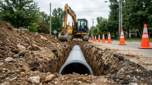 Workers install large pipe in dug trench on suburban street with excavator and orange cones.