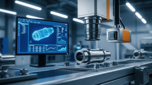 Automated machine vision system inspects component on assembly line with smart tech quality control.