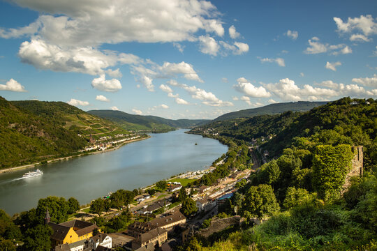 Scenic panoramic view over the Rhine River valley with green vineyards and hillsides from Burg Stahleck Germany