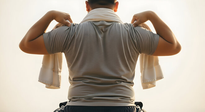 Person in Casual Workout Attire Stretching with Towels in a Peaceful Outdoor Setting During Sunset