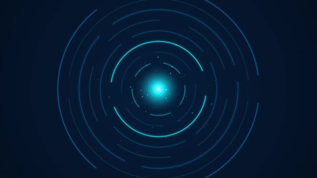 Abstract glowing blue circular particle lines rotating a dark circle