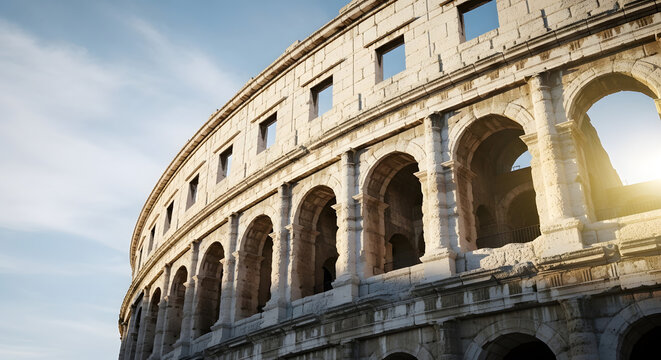 Ancient Roman amphitheater exterior against blue sky