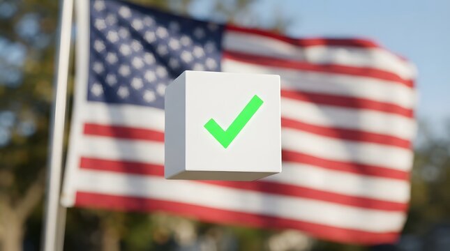3d white cube with a green check mark symbol floating against a blurred american flag background