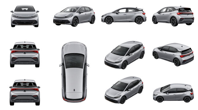 Silver Electric Hatchback Car Asset Sheet with Multiple Views isolated on white background