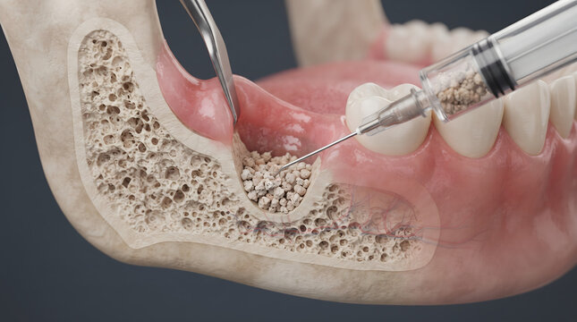 A detailed 3D medical illustration depicting a dental bone grafting procedure on a cross section of a human jawbone. A syringe injects bone graft granules into a socket defect, showing trabecular b...