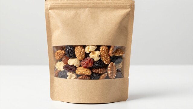 A brown doypack filled with assorted nuts and dried fruits, showcasing natural textures against a clean white background.