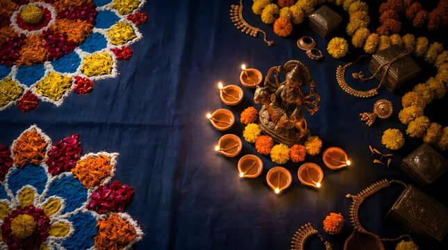Beautiful festive background for durga puja celebration with traditional clay oil lamps and colorful floral rangoli pattern