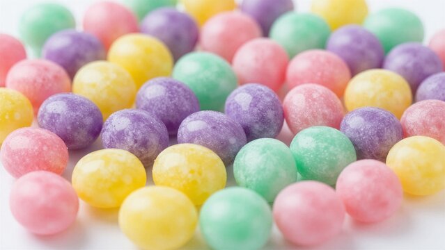 A vibrant collection of pastel-colored Easter jelly beans arranged in a playful pattern against a clean white background.