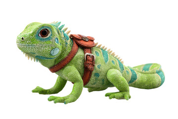 Fototapeta premium Green plush iguana toy with saddle detail isolated on white for children's storybook illustration, isolated on transparent background