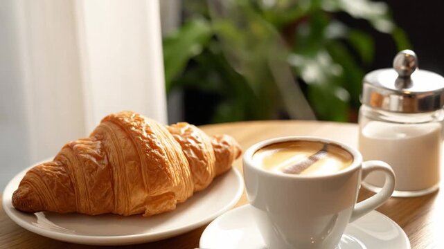 Freshly brewed coffee with croissant on wooden table, hand reaching for sugar jar in cozy cafe