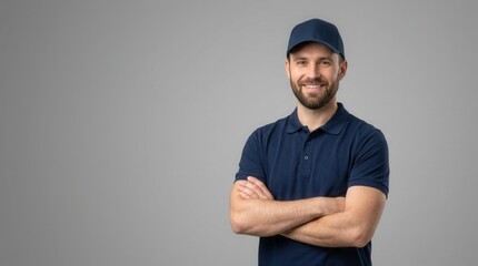 Fototapeta premium Smiling man in navy polo shirt and cap standing with arms crossed against a gray backdrop.