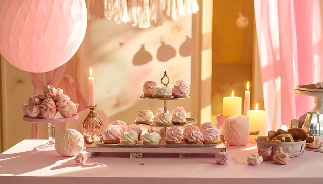 Elegant pastel pink dessert table with cakes and sweets.