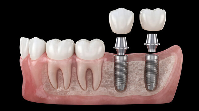 A detailed 3D medical illustration demonstrating the structure of dental implants. This cross-section diagram shows natural teeth alongside titanium screws, abutments, and ceramic crowns inserted i...