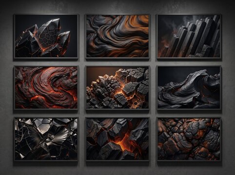 A collection of nine abstract artworks showcasing dark, rugged textures with glowing orange and red accents, reminiscent of volcanic rock, coal, and molten earth.